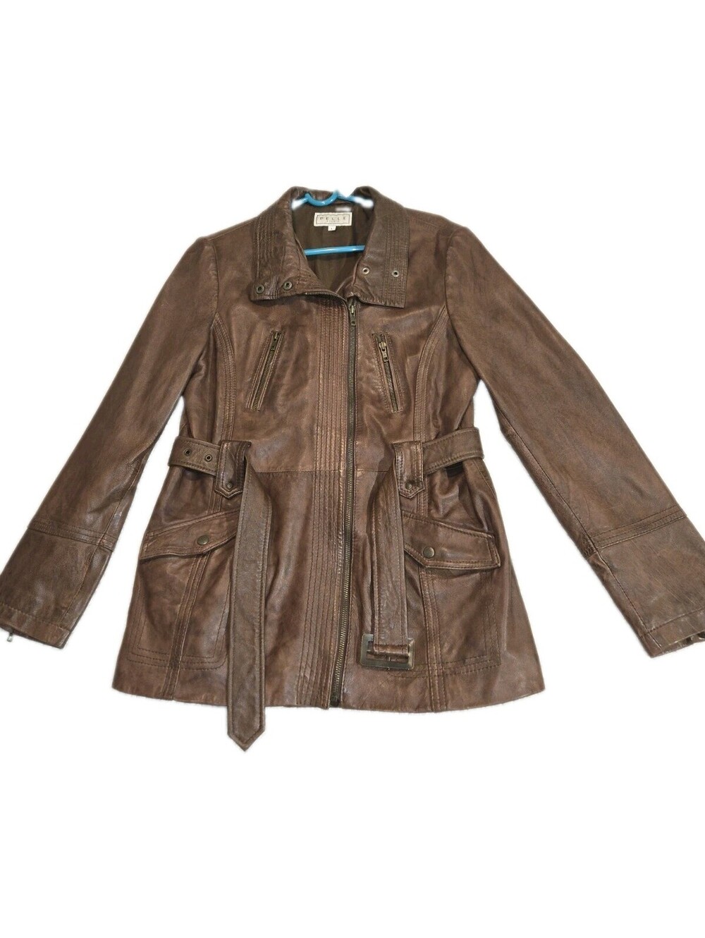 Pelle  Vtg Women's Leather Jacket Belted Pockets Brown  Zip 90s Funnel Neck